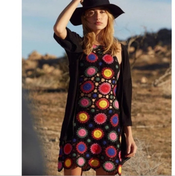 H&M X Coachella Granny Square Knit Bright Colorful Boho Cover Up Dress Size 4 - Picture 3 of 10